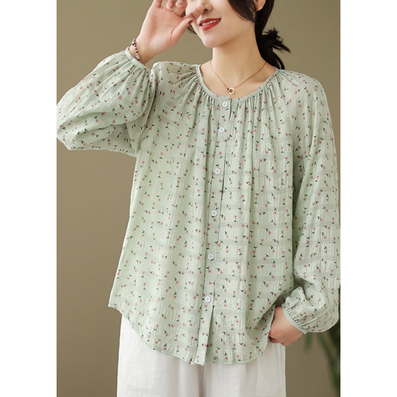 Elegant Green Oversized Print Cotton Blouses Fall