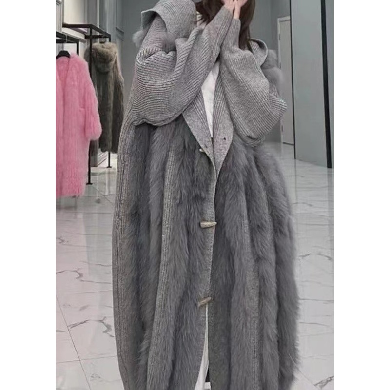 Fashion Grey Hooded Fox Fur Patchwork Knit Cardigan Fall