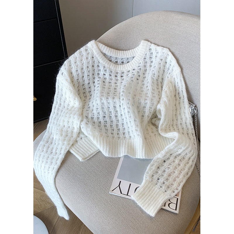 Fashion White O Neck Hollow Out Knit Pullover Fall