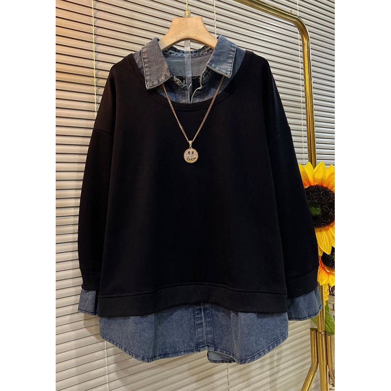 Fine Black Peter Pan Collar Patchwork False Two Pieces Cotton Shirt Tops Fall