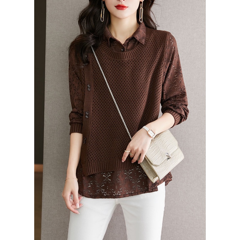 Fine Coffee Peter Pan Collar Lace Patchwork False Two Pieces Knit Tops Fall