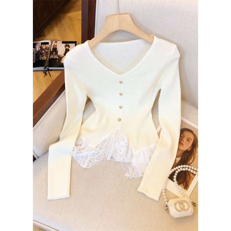 Fitted Apricot V Neck Lace Patchwork Knit Sweaters Fall