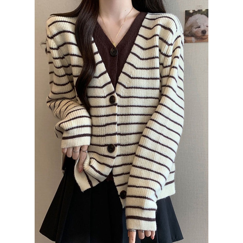 French Beige Striped Knit Fake Two Piece Cardigan Fall
