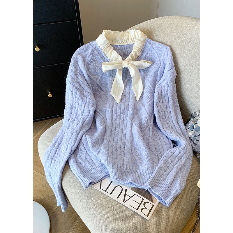 French Blue Bow Patchwork Knit Sweaters Tops Fall