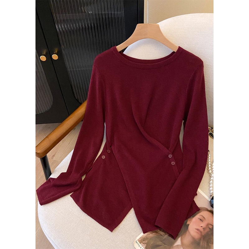 French Red O Neck Asymmetrical Design Knit Top Fall