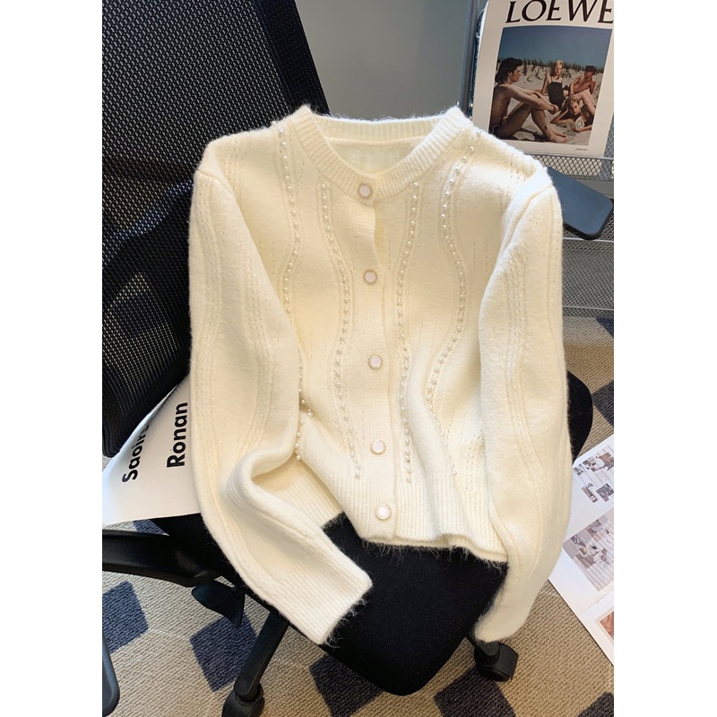 French White O Neck Nail Bead Woolen Sweaters Coat Fall