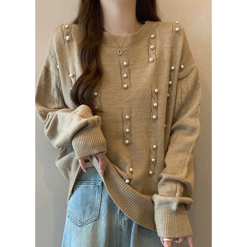 Handmade Khaki Oversized Nail Bead Knit Sweater Tops Fall