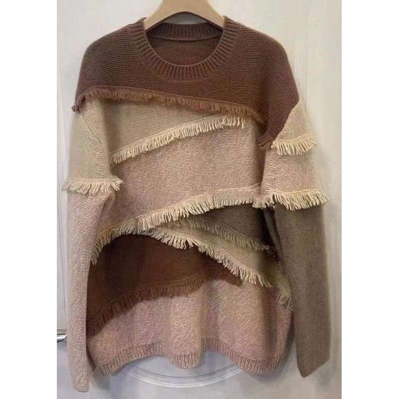 Italian Colorblock O Neck Tasseled Patchwork Knit Sweaters Top Fall