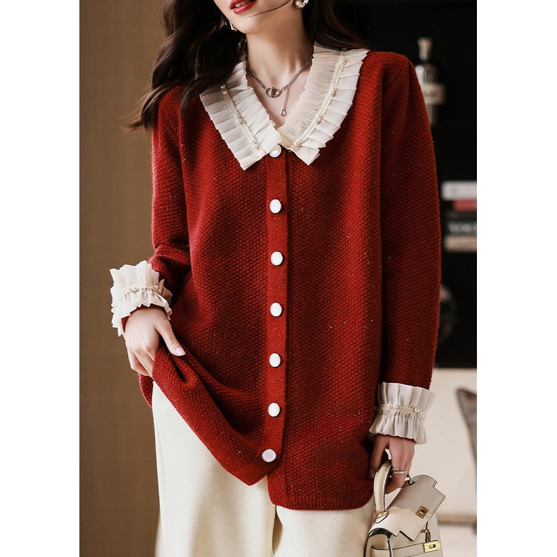 Italian Red Ruffled Nail Bead Patchwork Knitted Sweaters Fall