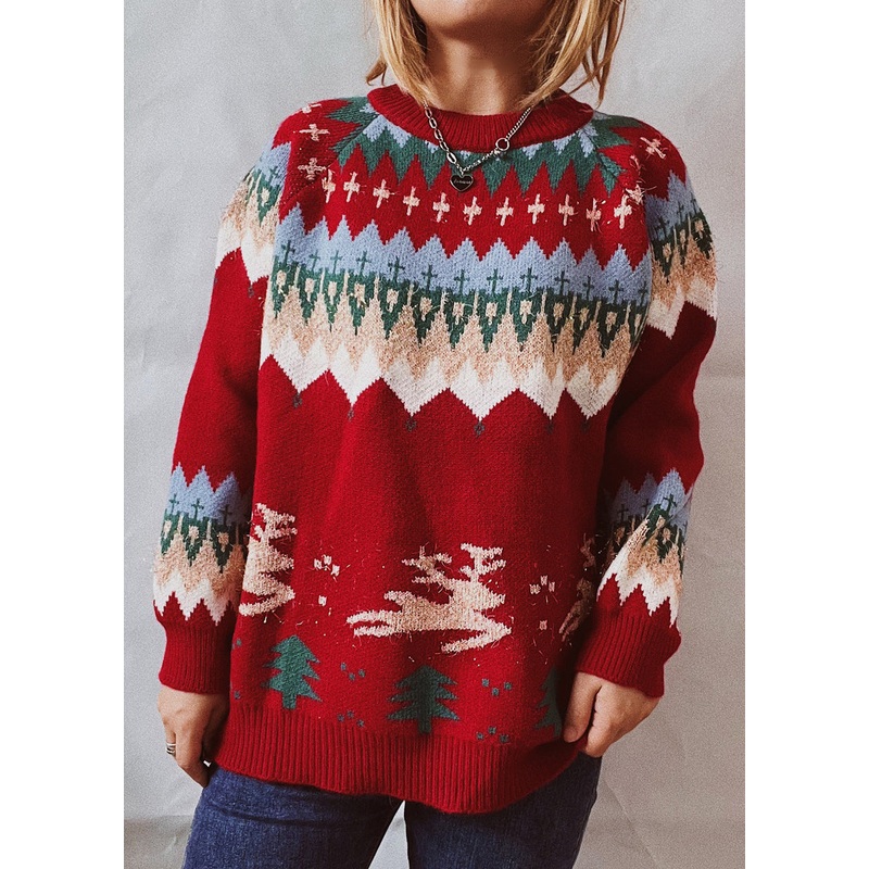 New Red O Neck Jacquard Thick Knit Sweaters Tops Fall