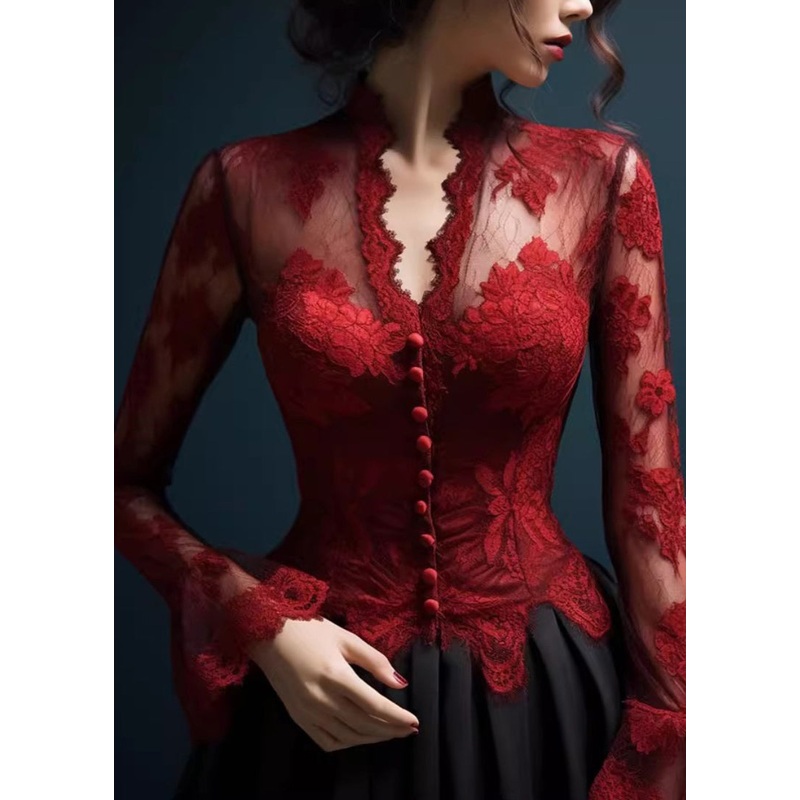 Original Design Elegant Red V Neck Slim Fit Lace Top Fall