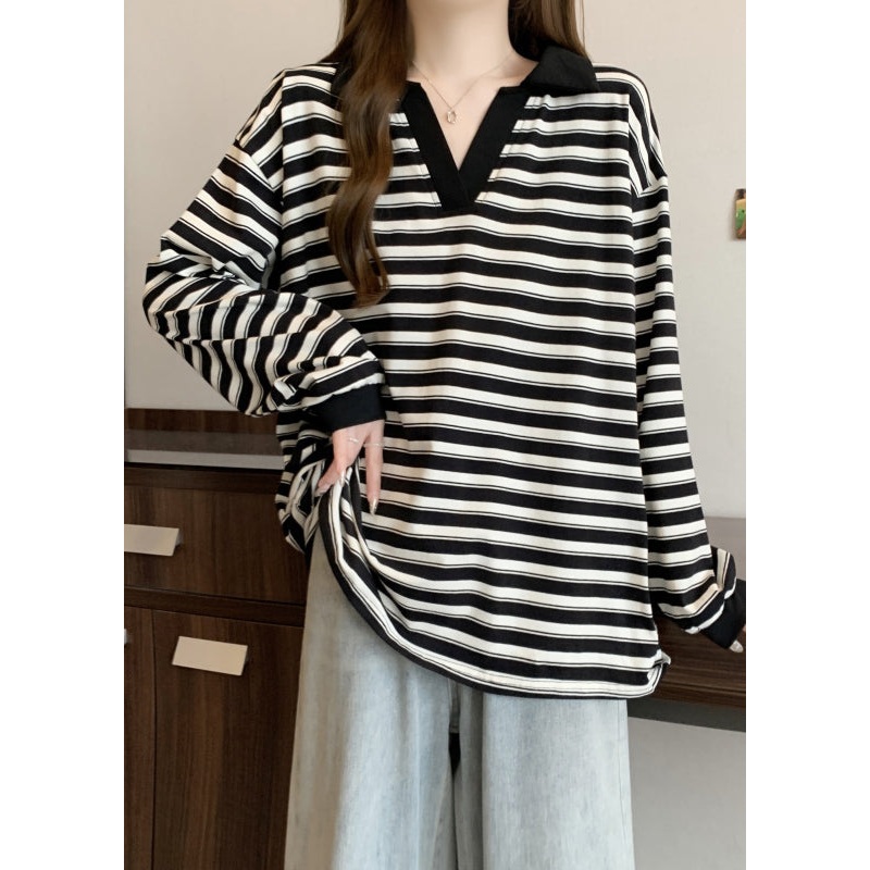 Plus Size Black Oversized Striped Cotton Blouses Fall