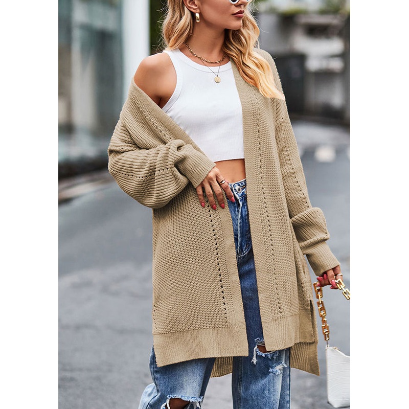 Stylish Khaki V Neck Pockets Loose Knit Cardigans Fall