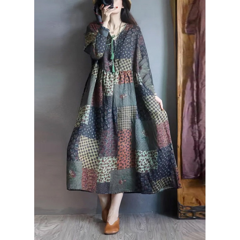 Vintage Colorblock Oversized Print Linen Long Dresses Fall