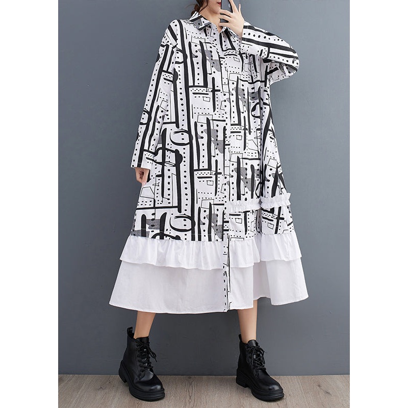 White Patchwork Cotton Dresses Ruffled Print Fall