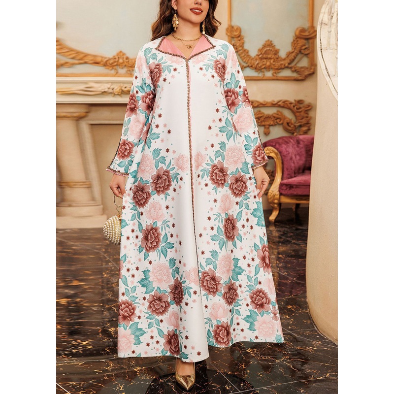 White Side Open Patchwork Fall Long Dress Print