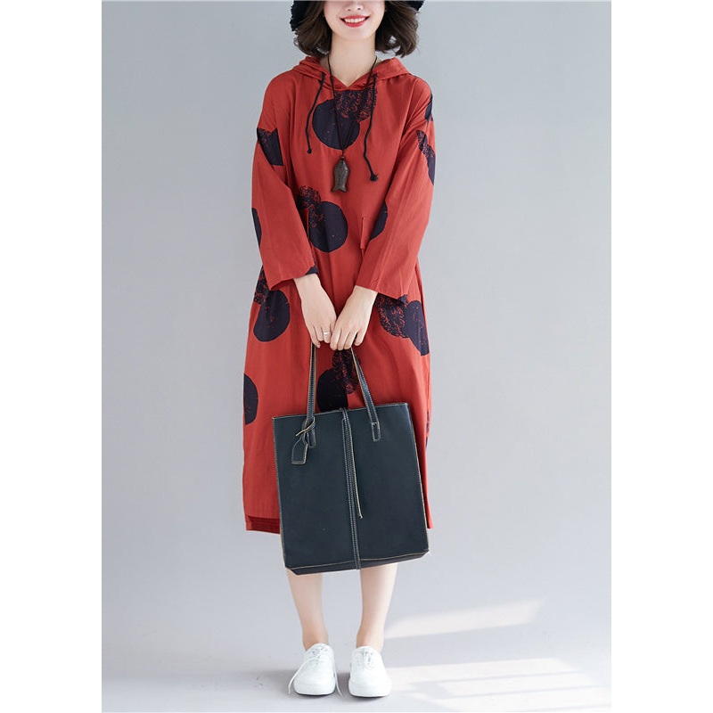 Women Red Hooded Print Cotton Loose Sweatshirt Dress Fall