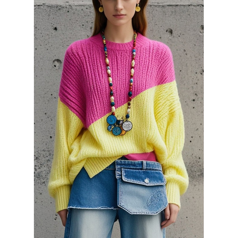 Art Colorblock Oversized Patchwork Knitted Cozy Tops Fall