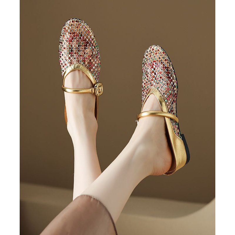 Boutique Gold Hollow Out Zircon Wedge Slide Sandals