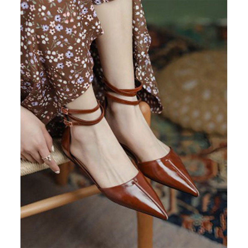 Fashion Brown Cowhide Leather Walking Sandals Pointed Toe Buckle Strap