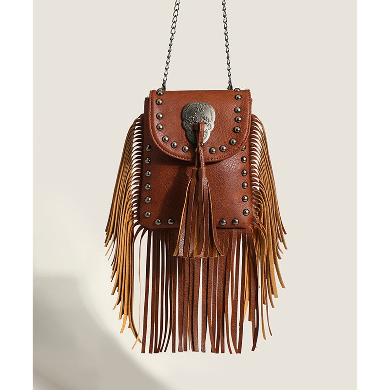 Fashion Brown Tasseled Rivet Faux Leather Messenger Bag