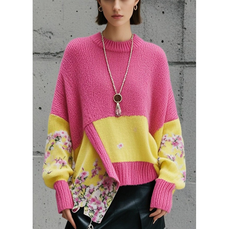 Fashion Pink Asymmetrical Patchwork Knit Pullover Fall