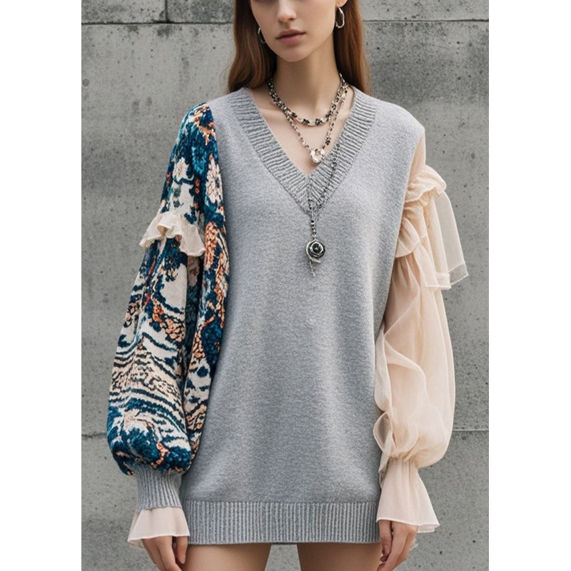 Fine Grey Asymmetrical Patchwork Knitted Tops Fall