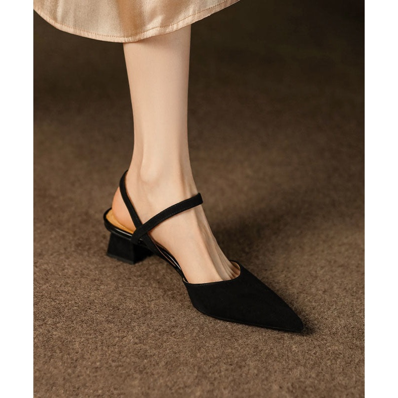Fitted Splicing Chunky Sandals Black Suede Pointed Toe