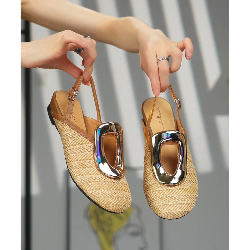 French Apricot Splicing Cowhide Leather Wedge Slide Sandals