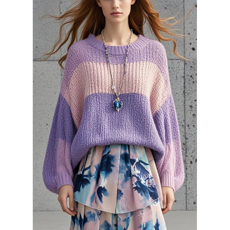 French Lavender Oversized Patchwork Cozy Sweaters Fall