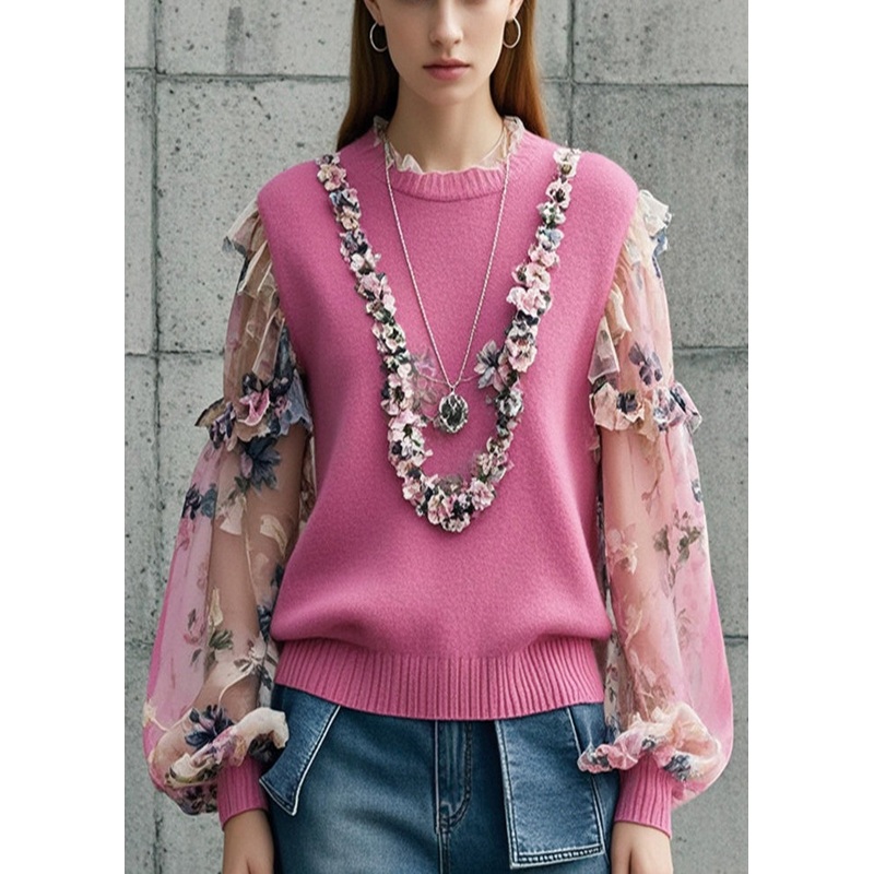French Rose Ruffled Patchwork Print Knit Sweater Fall