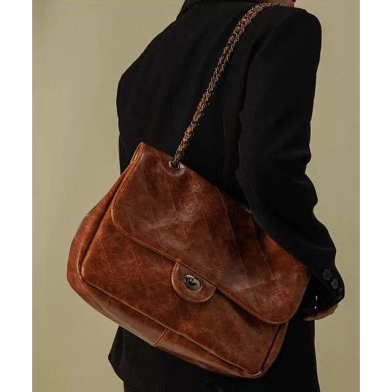 New Brown Large Capacity Faux Leather Chain Linked Satchel Handbag