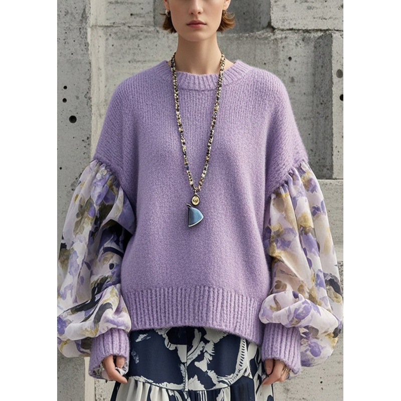 Organic Purple Oversized Patchwork Print Sweaters Lantern Sleeve