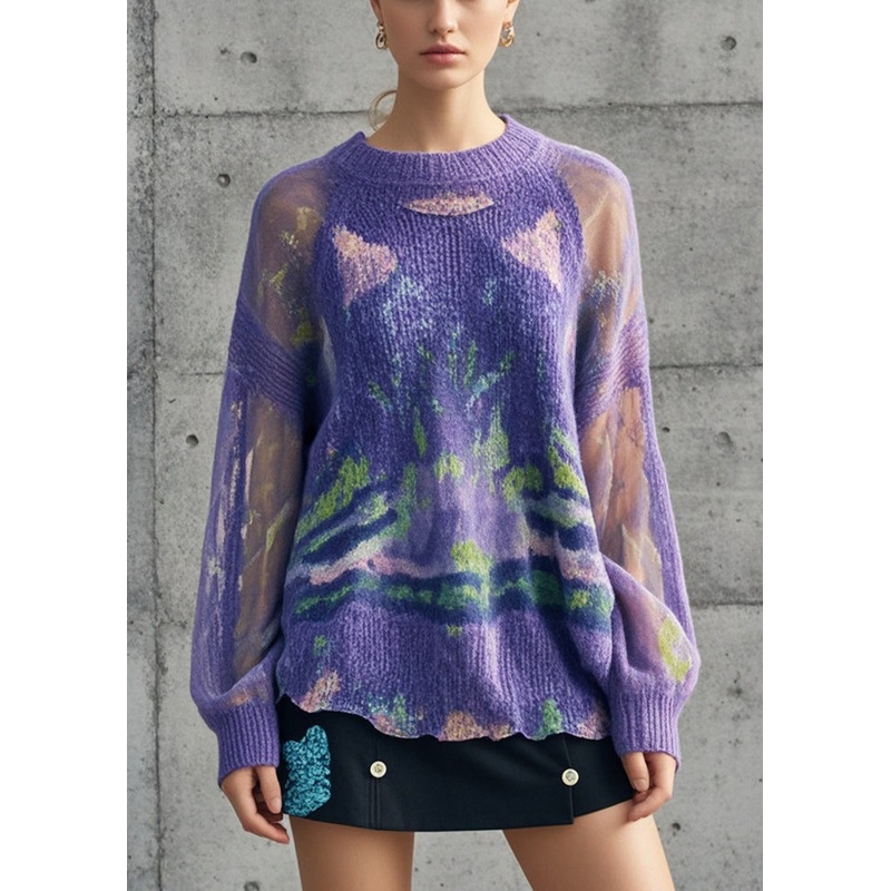 Plus Size Purple Tie Dye Hollow Out Knit Pullover Fall