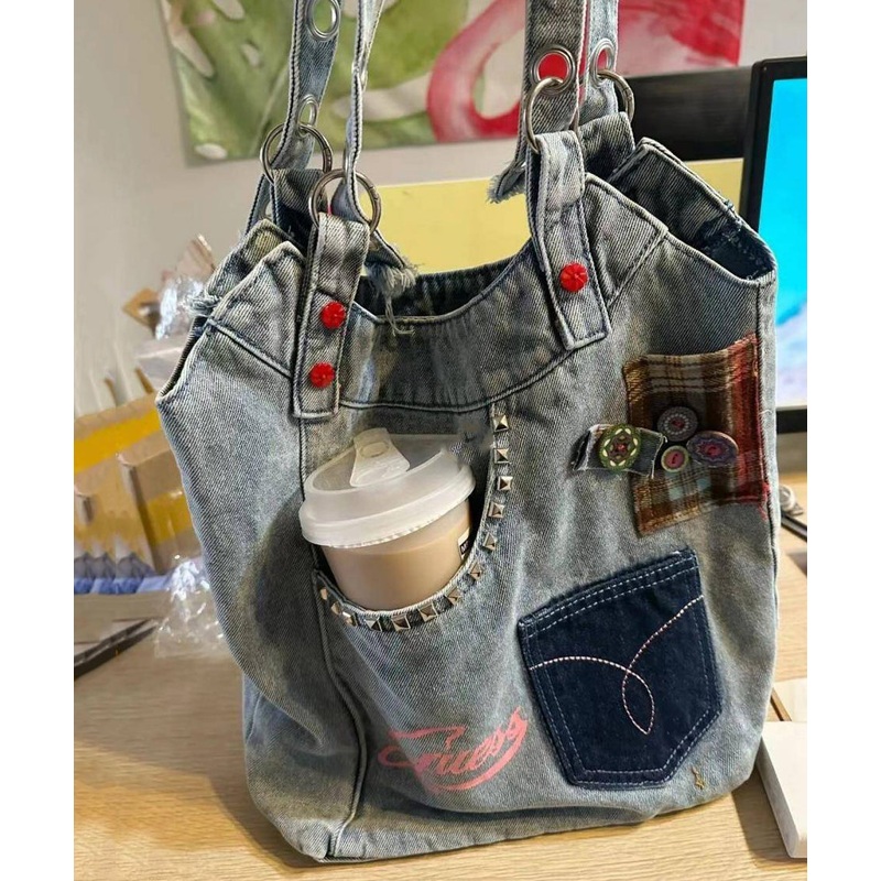 Retro Blue Rivet Patch Denim Messenger Bag