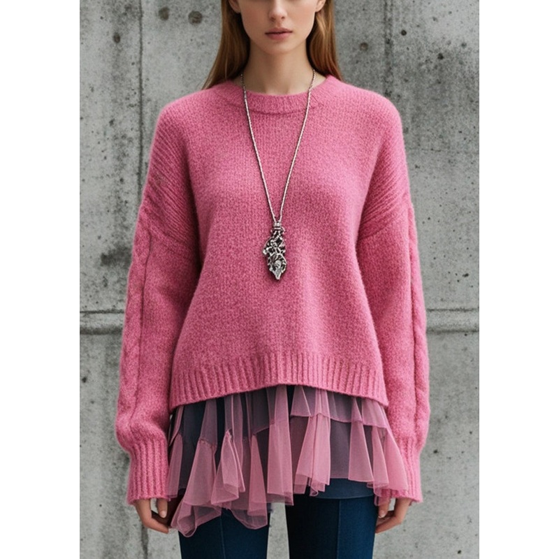 Rose Patchwork Tulle Knit Sweater Oversized Thick Fall