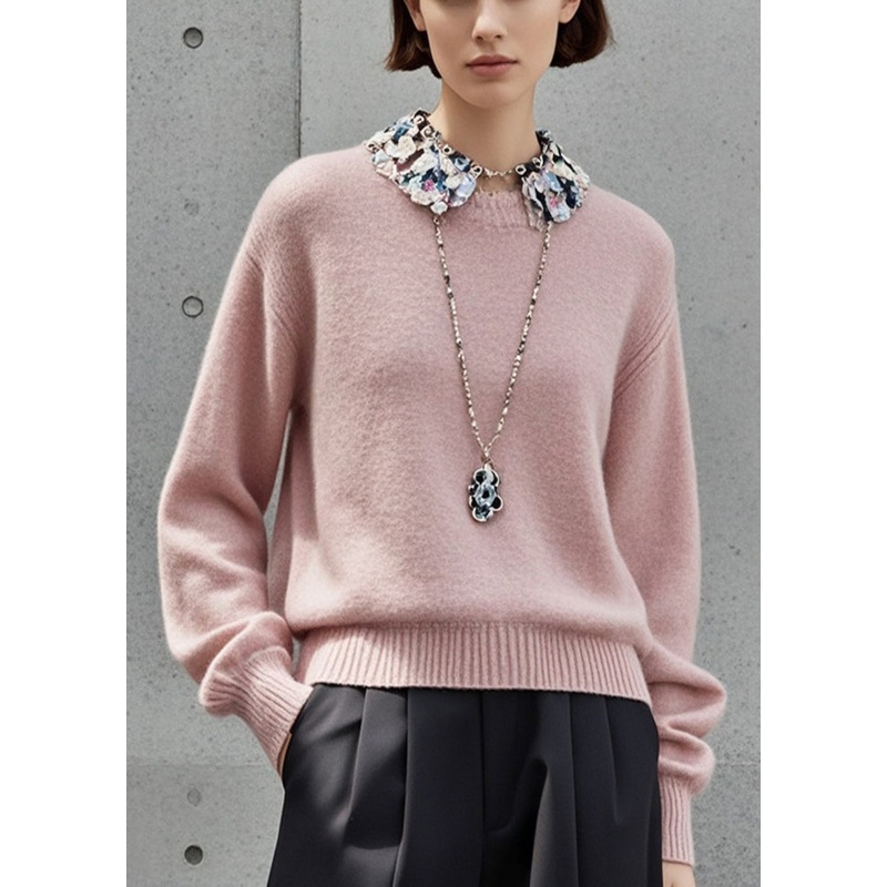 Simple Light Pink Stand Collar Patchwork Knitted Tops Fall
