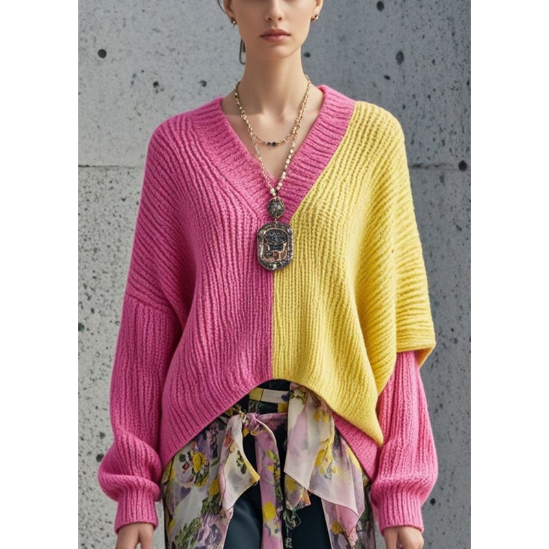 Style Colorblock Oversized Patchwork Sweaters Batwing Sleeve