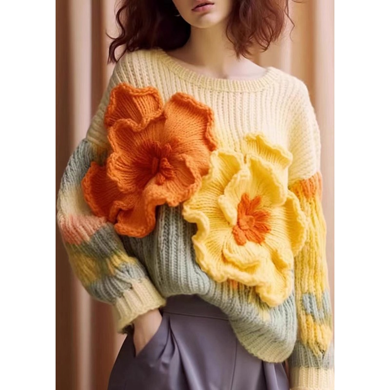 Unique Apricot Floral Cozy Cotton Knit Sweaters Long Sleeve