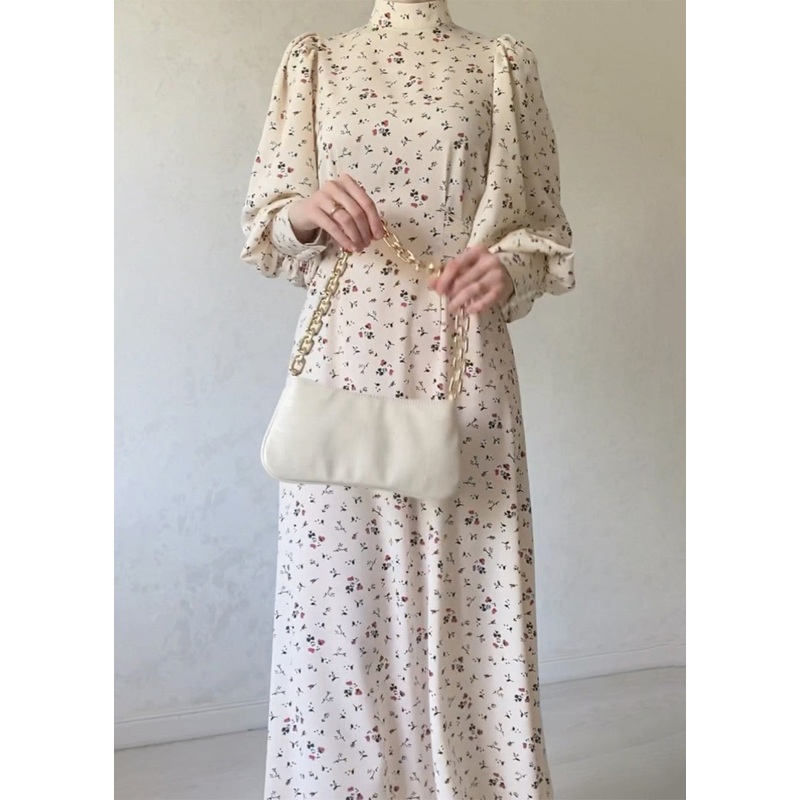 2024 Autumn Apricot Lace Up Stand Collar Print Chiffon Dress