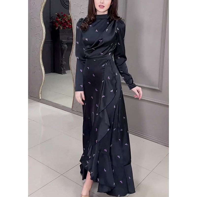 2024 New Black Ruffled Print Silk Long Dress Fall