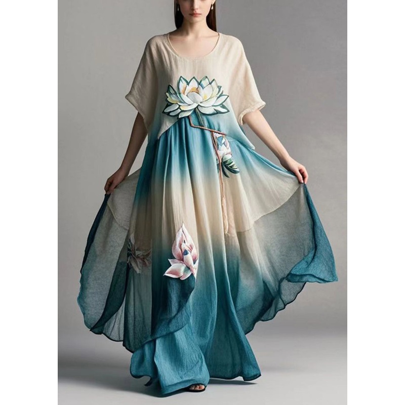 Art Gradient Color Asymmetrical Design Lotus Print Cotton Dress Summer