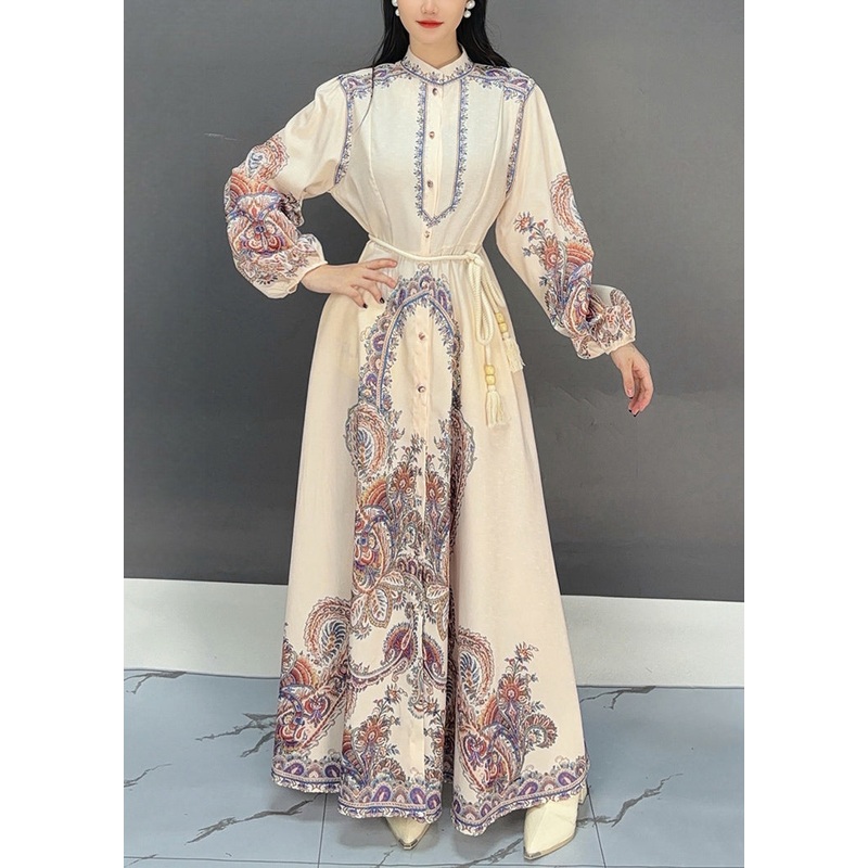 Art White Print Tie Waist Cotton Shirts Long Dress Fall