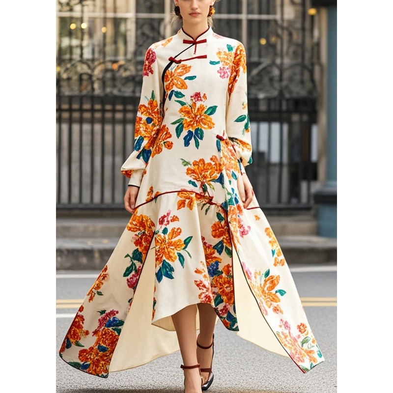 Beautiful Apricot Print Asymmetrical Side Open Chinese Style Dress Fall