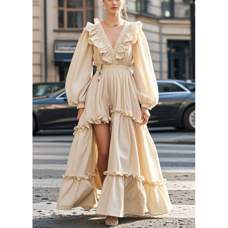 Beautiful Apricot Ruffled Asymmetrical Design Cotton Vacation Dresses Fall