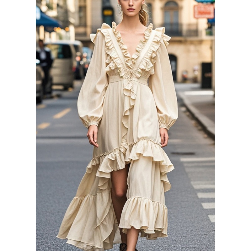 Beautiful Champagne Color Ruffled Side Open Party Dress Fall