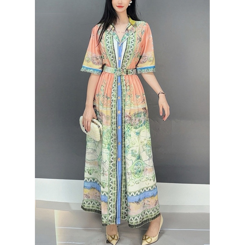 Beautiful Orange Print Tie Waist Cotton Long Dresses Summer
