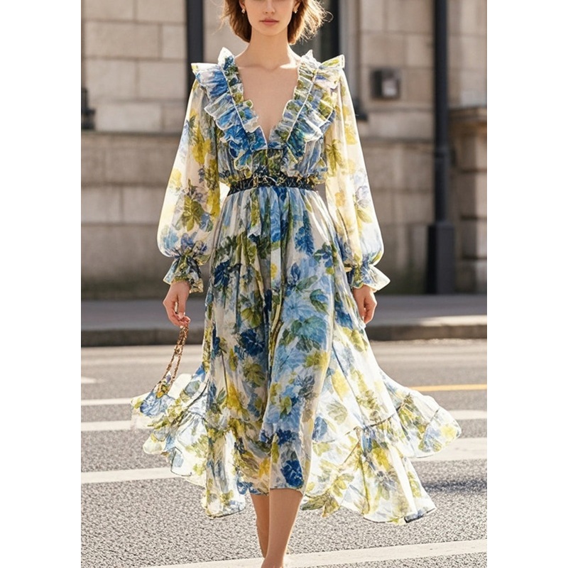 Beautiful Print Ruffled Silm Fit Chiffon Beach Dress Fall