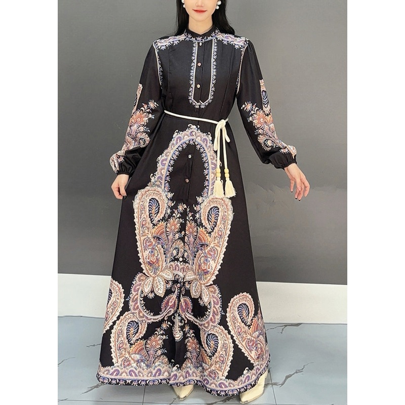 Black Button Print Cotton Fall Blouses Dresses Stand Collar