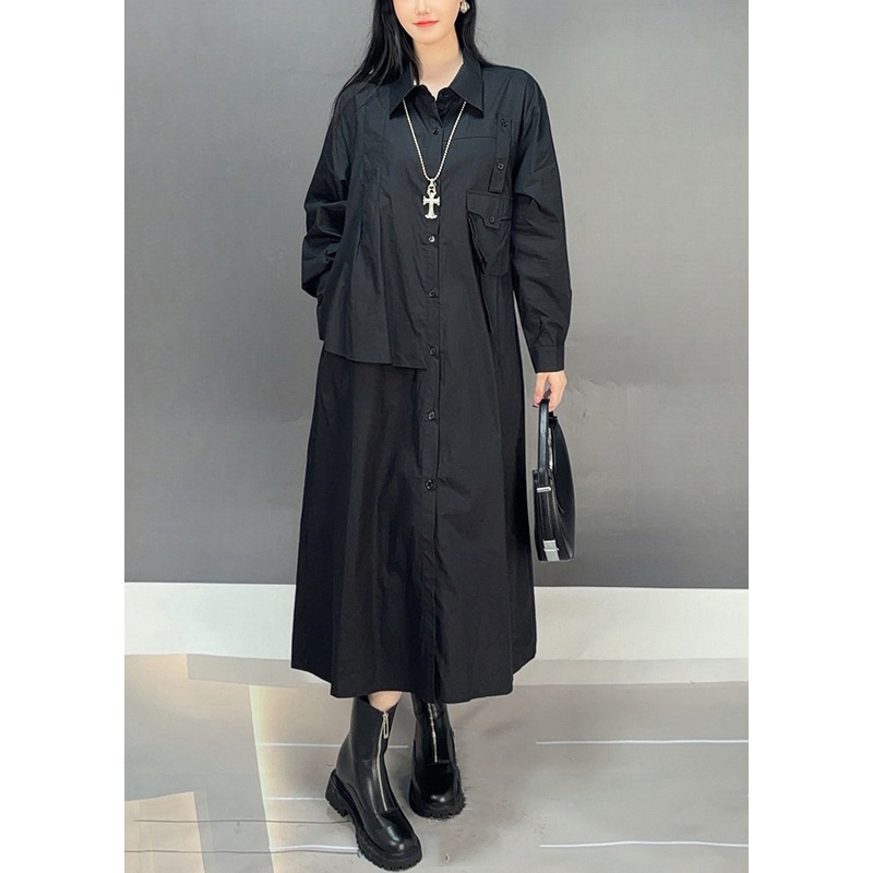 Black Button Solid Cotton Fall Blouses Dresses Asymmetrical